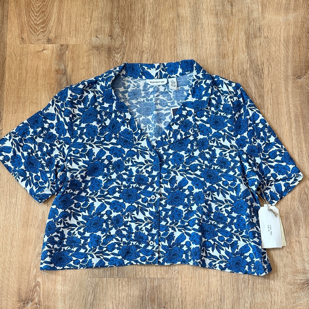 Midnight Sky Linen Blend Floral Blue and White Button Down Shirt